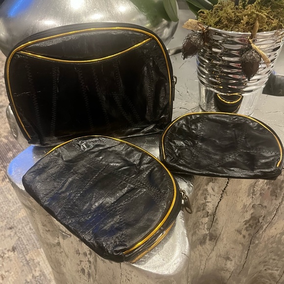 Vintage 1980s Alan Edward three piece pouch set matching black with gold  trim - Picture 1 of 16